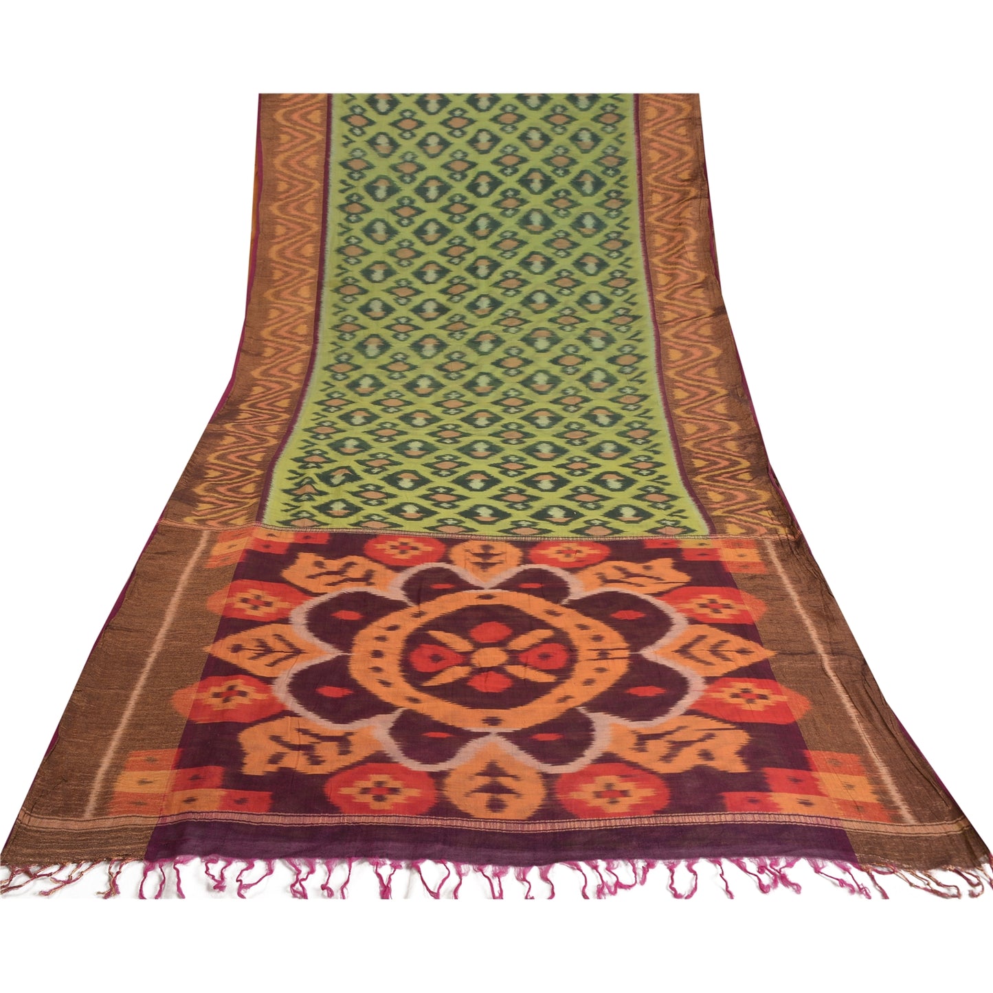 Sanskriti Vintage Green Sambalpuri Ikat Sarees Woven Cotton Silk Sari Fabric