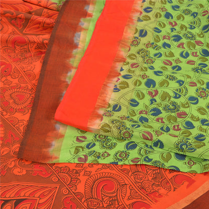 Sanskriti Vintage Green/Orange Sarees Pure Cotton Handmade Kalamkari Sari Sustainable Fabric