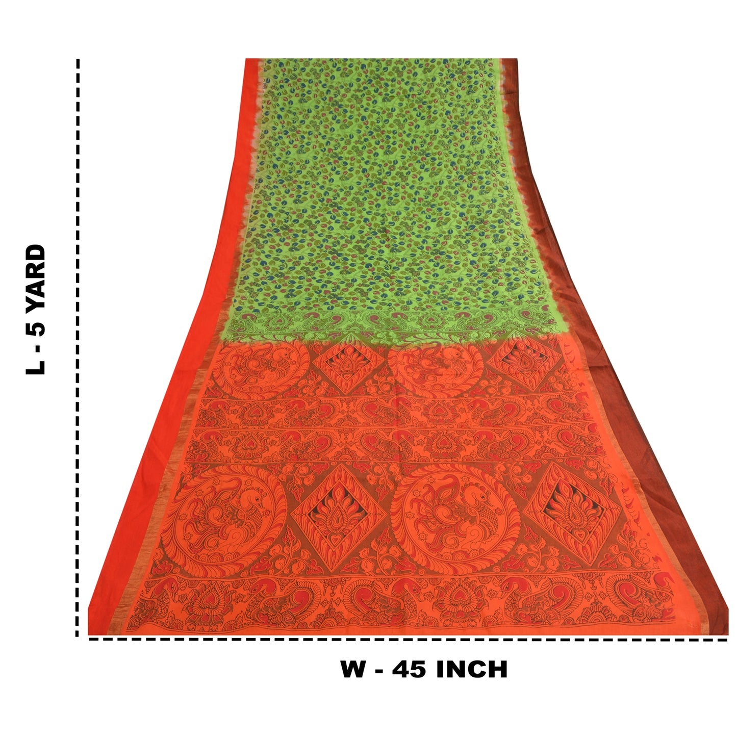 Sanskriti Vintage Green/Orange Sarees Pure Cotton Handmade Kalamkari Sari Sustainable Fabric