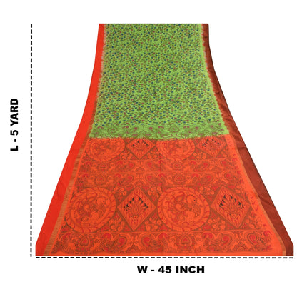 Sanskriti Vintage Green/Orange Sarees Pure Cotton Handmade Kalamkari Sari Sustainable Fabric