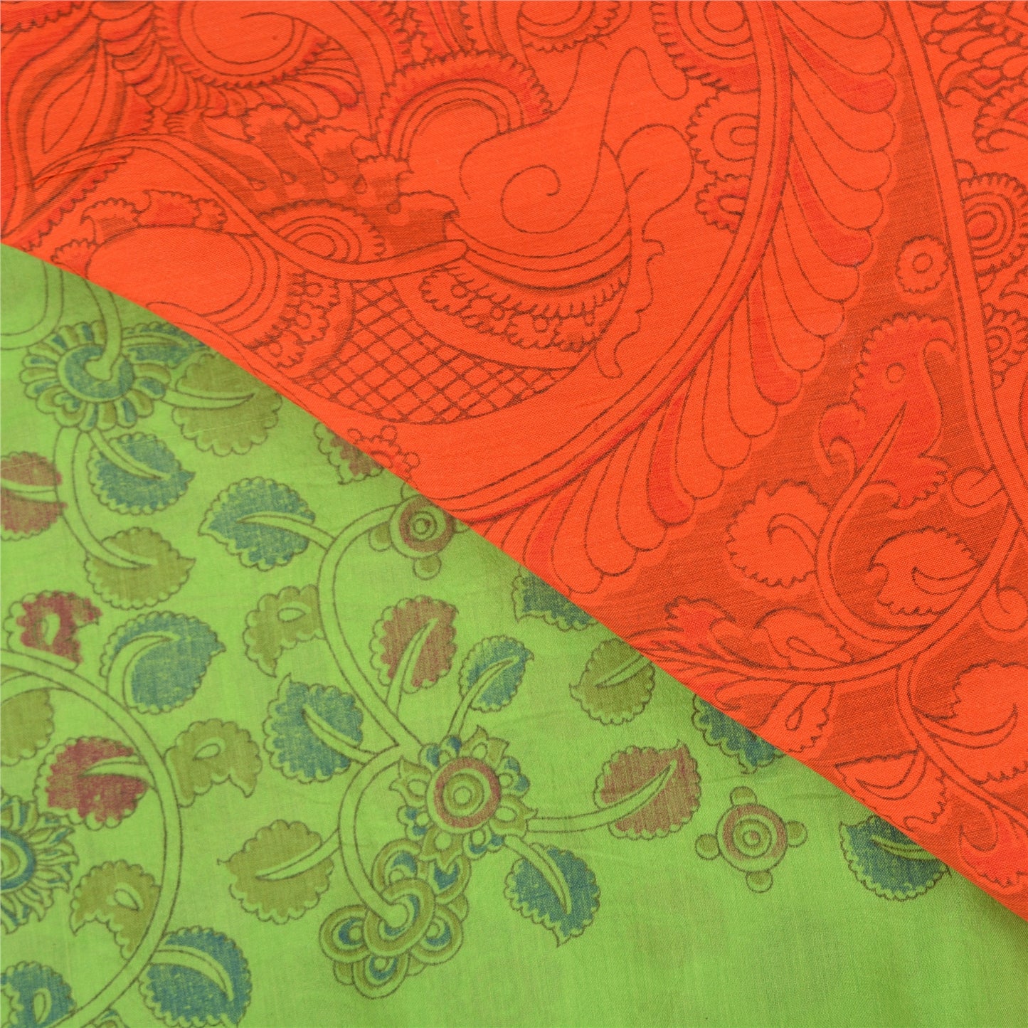 Sanskriti Vintage Green/Orange Sarees Pure Cotton Handmade Kalamkari Sari Sustainable Fabric