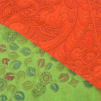 Sanskriti Vintage Green/Orange Sarees Pure Cotton Handmade Kalamkari Sari Sustainable Fabric