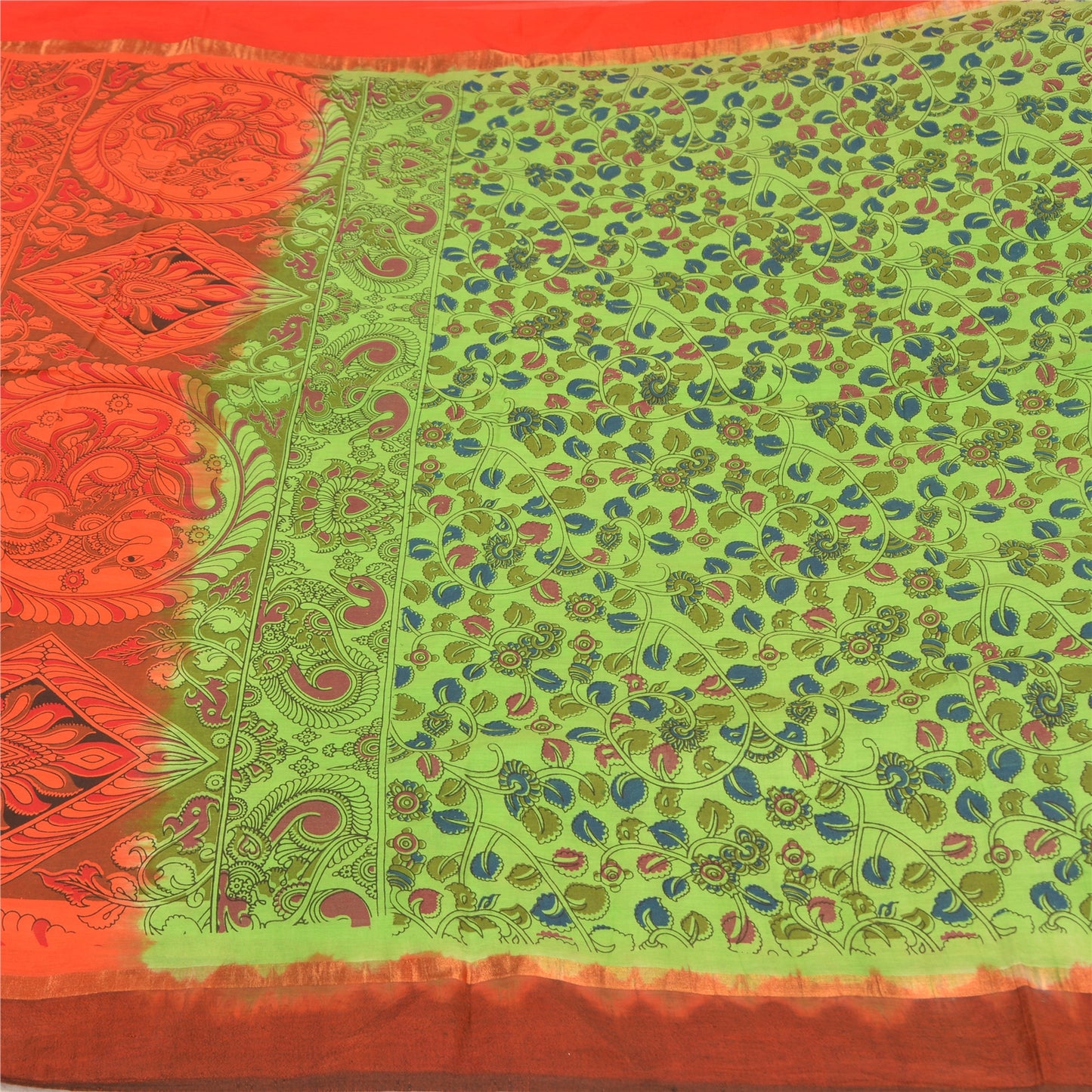 Sanskriti Vintage Green/Orange Sarees Pure Cotton Handmade Kalamkari Sari Sustainable Fabric