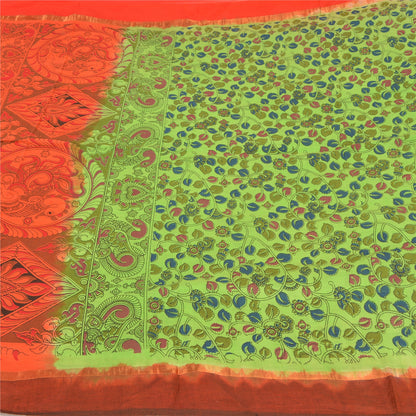 Sanskriti Vintage Green/Orange Sarees Pure Cotton Handmade Kalamkari Sari Sustainable Fabric