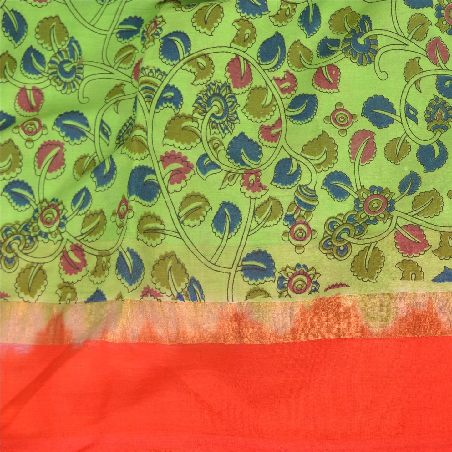 Sanskriti Vintage Green/Orange Sarees Pure Cotton Handmade Kalamkari Sari Sustainable Fabric
