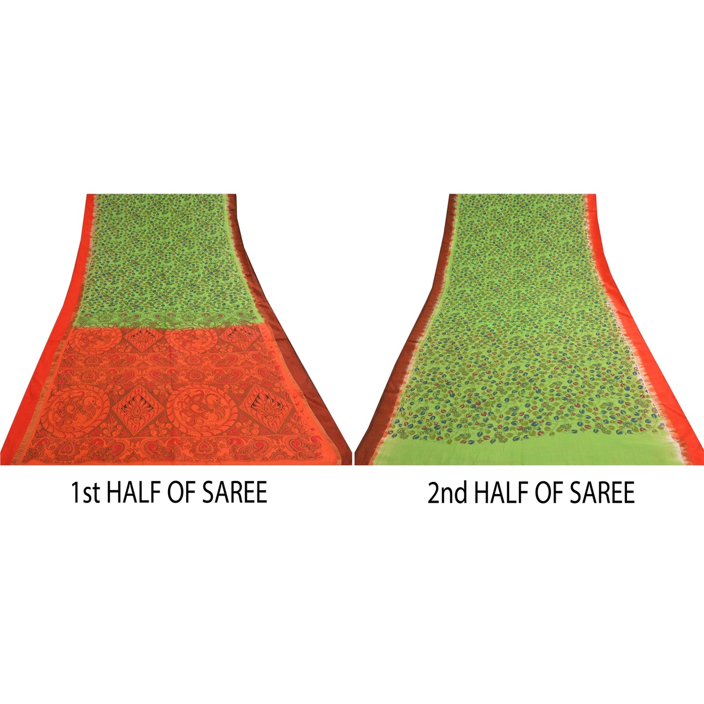 Sanskriti Vintage Green/Orange Sarees Pure Cotton Handmade Kalamkari Sari Sustainable Fabric