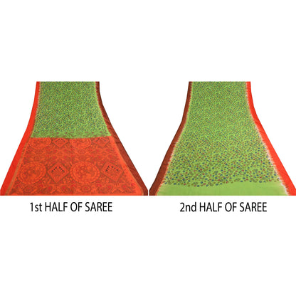 Sanskriti Vintage Green/Orange Sarees Pure Cotton Handmade Kalamkari Sari Sustainable Fabric