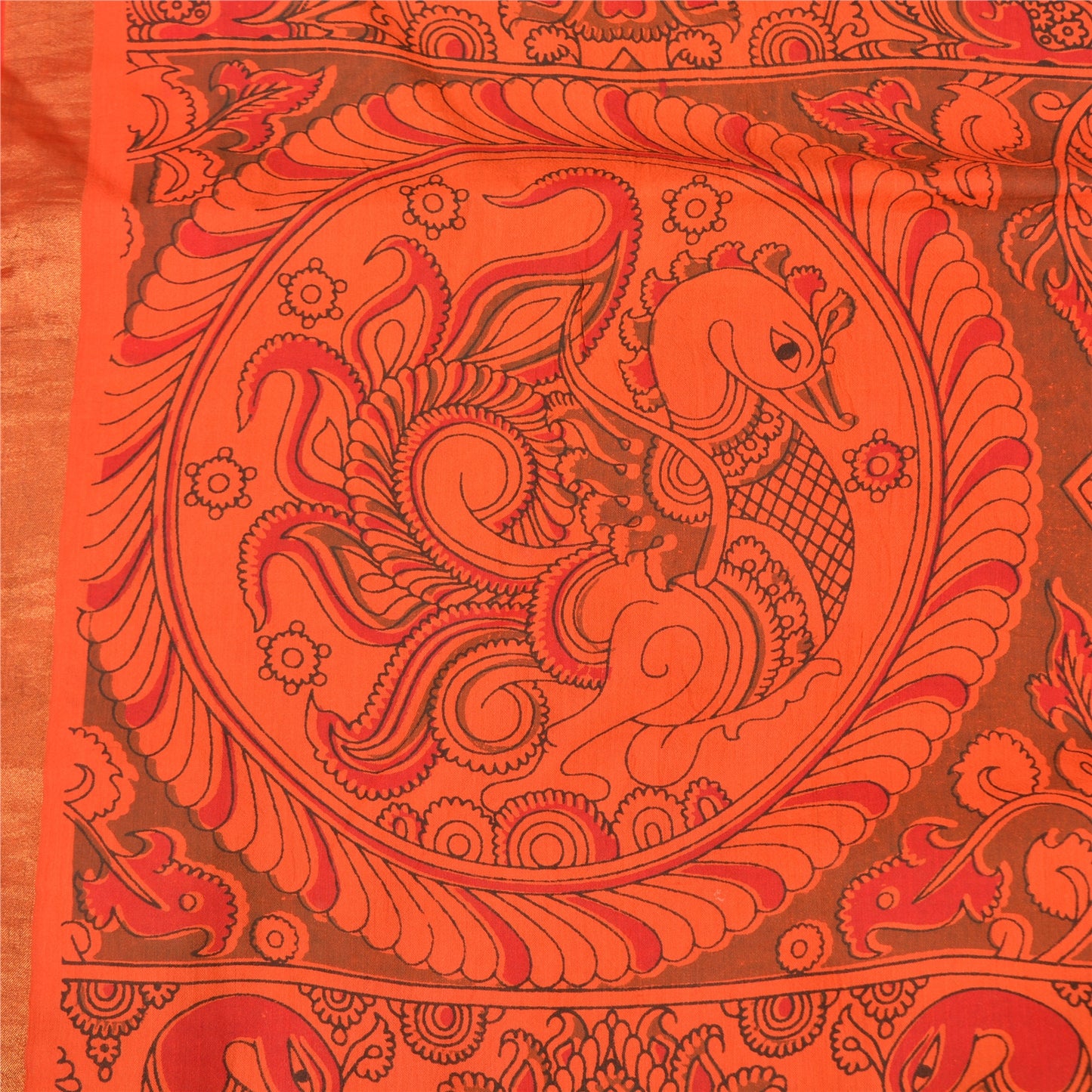 Sanskriti Vintage Green/Orange Sarees Pure Cotton Handmade Kalamkari Sari Sustainable Fabric