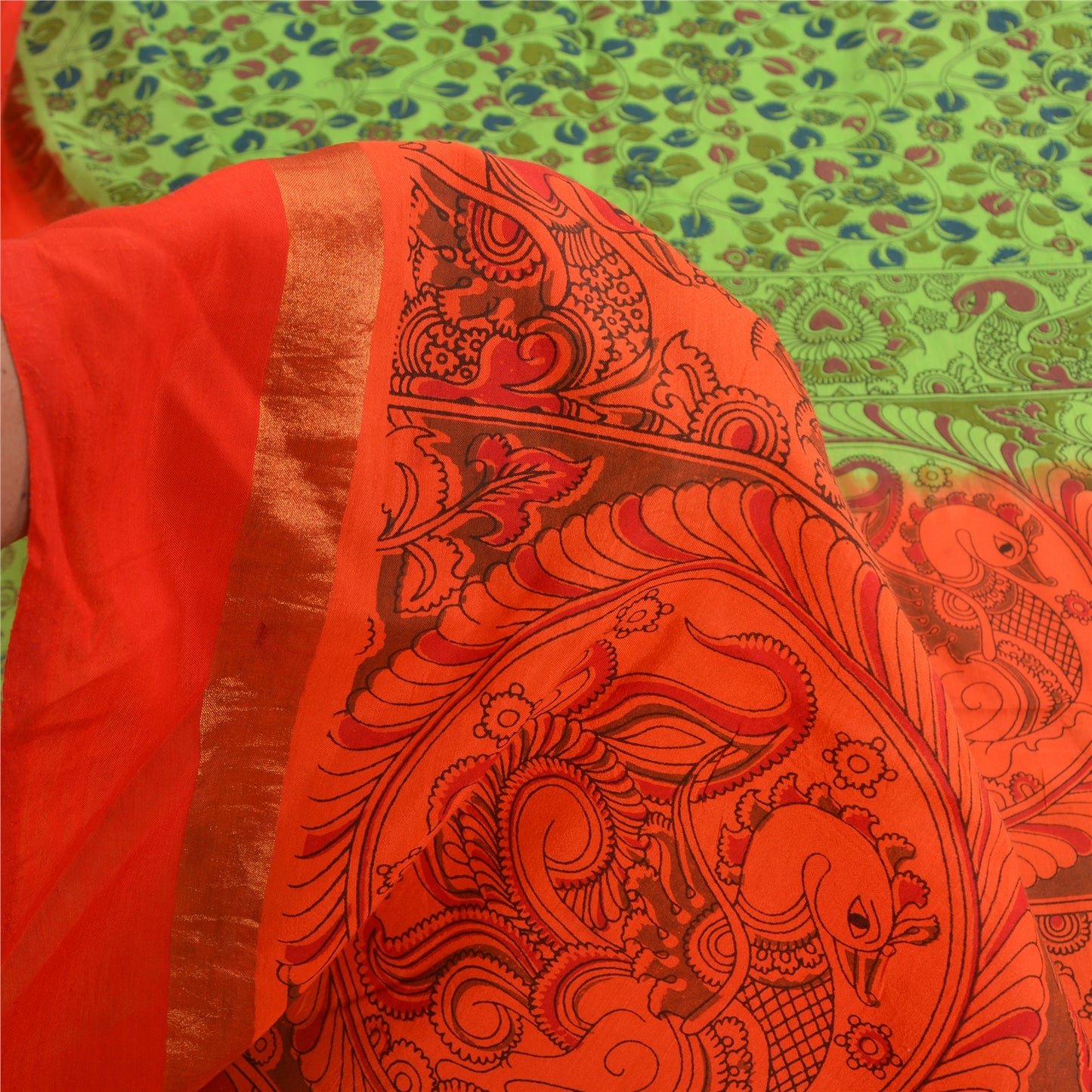 Sanskriti Vintage Green/Orange Sarees Pure Cotton Handmade Kalamkari Sari Sustainable Fabric