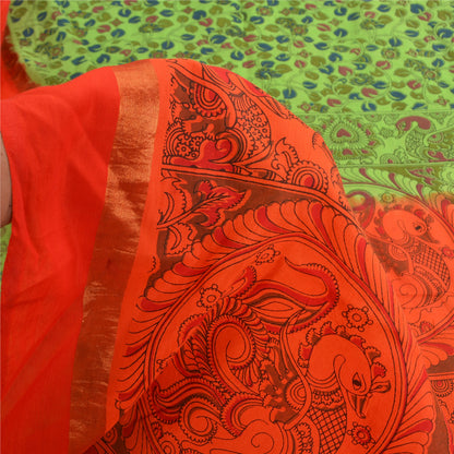 Sanskriti Vintage Green/Orange Sarees Pure Cotton Handmade Kalamkari Sari Sustainable Fabric