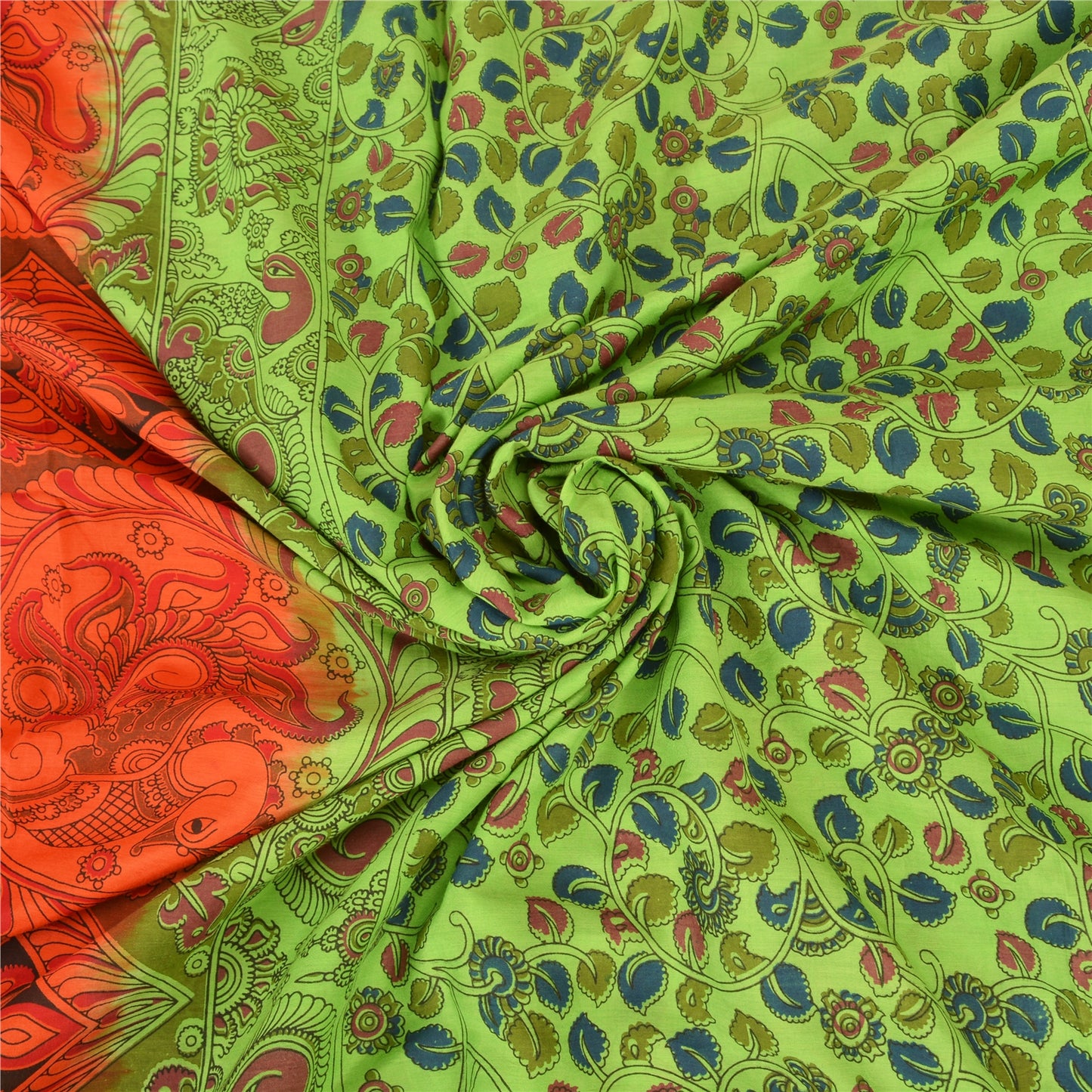 Sanskriti Vintage Green/Orange Sarees Pure Cotton Handmade Kalamkari Sari Sustainable Fabric