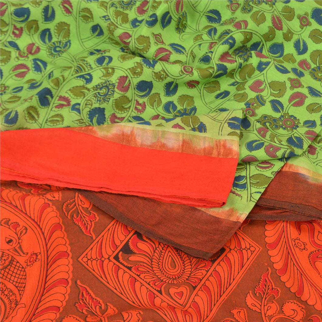 Sanskriti Vintage Green/Orange Sarees Pure Cotton Handmade Kalamkari Sari Fabric