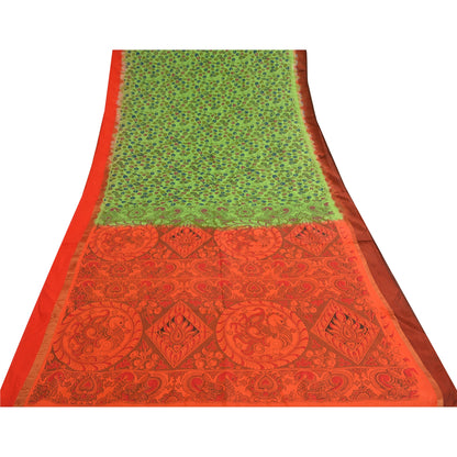 Sanskriti Vintage Green/Orange Sarees Pure Cotton Handmade Kalamkari Sari Sustainable Fabric