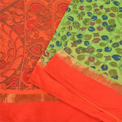 Sanskriti Vintage Green/Orange Sarees Pure Cotton Handmade Kalamkari Sari Sustainable Fabric