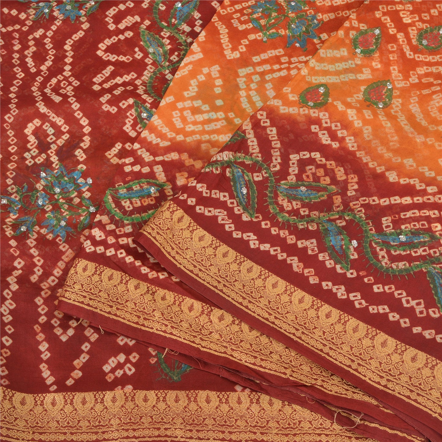 Sanskriti Vintage Saffron/Red Sarees Pure Silk Handmade Bandhani Sari Sustainable Fabric