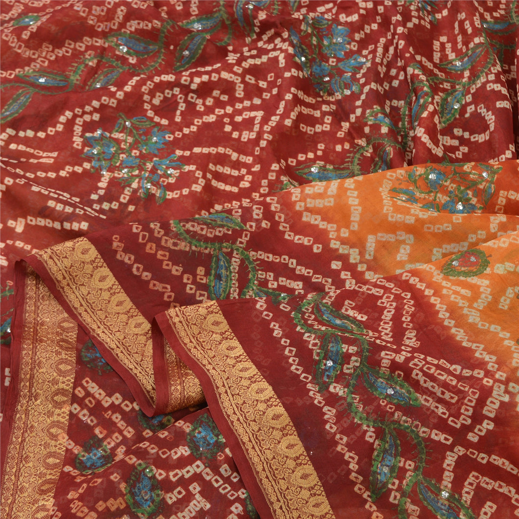 Sanskriti Vintage Saffron/Red Sarees Pure Silk Handmade Bandhani Sari Fabric