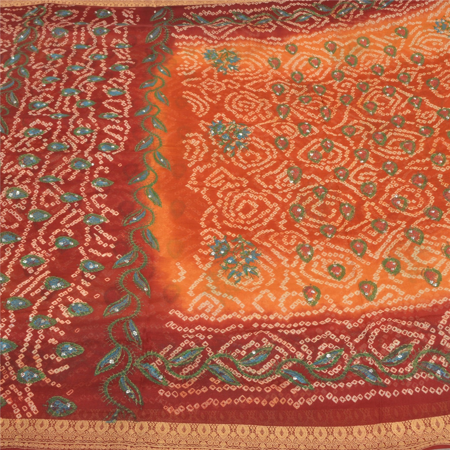 Sanskriti Vintage Saffron/Red Sarees Pure Silk Handmade Bandhani Sari Sustainable Fabric