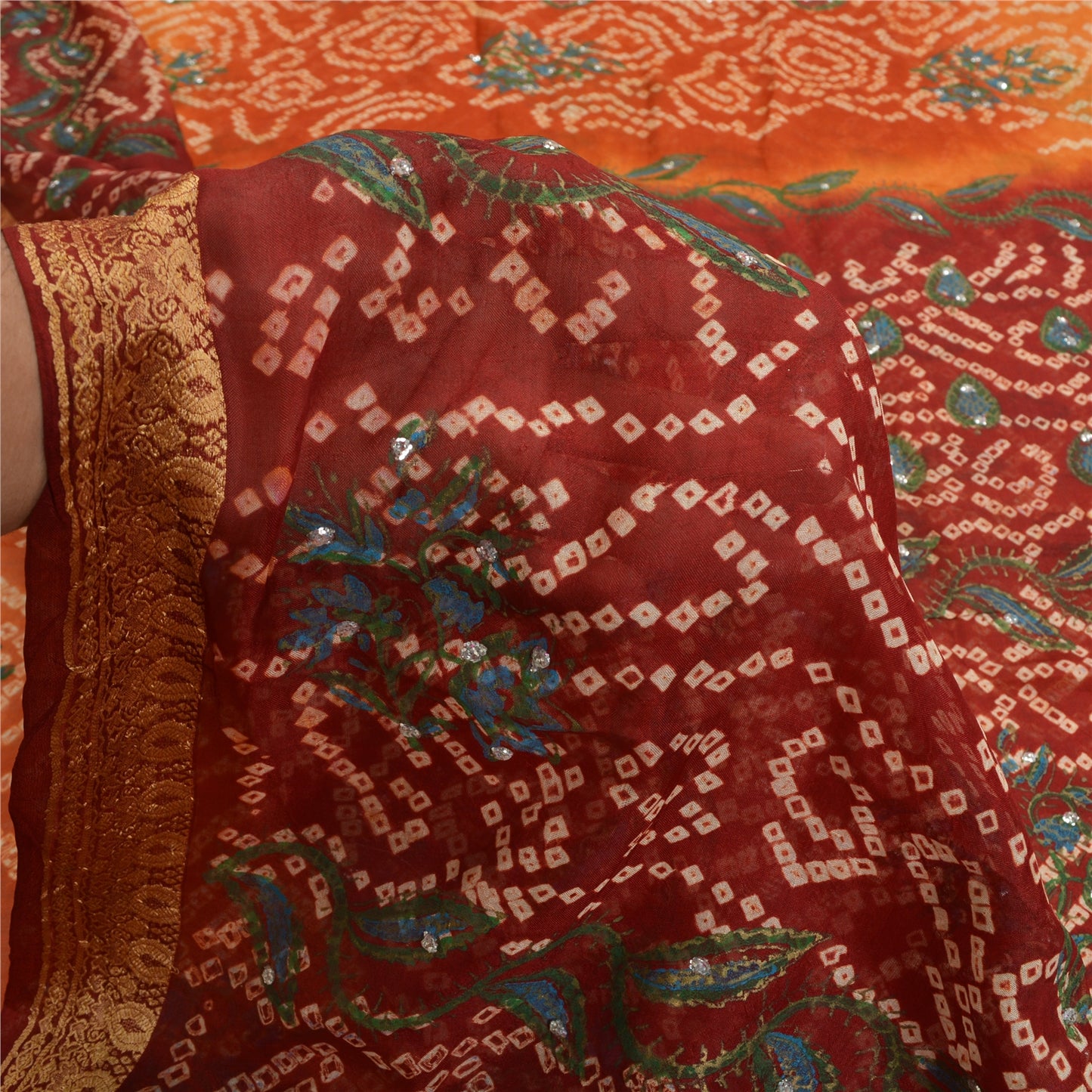 Sanskriti Vintage Saffron/Red Sarees Pure Silk Handmade Bandhani Sari Sustainable Fabric