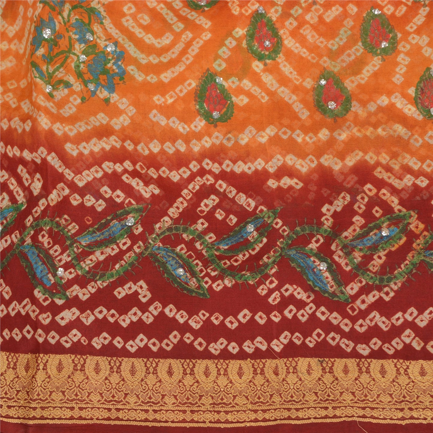 Sanskriti Vintage Saffron/Red Sarees Pure Silk Handmade Bandhani Sari Sustainable Fabric