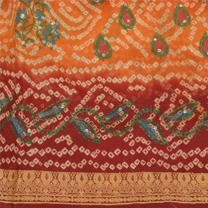 Sanskriti Vintage Saffron/Red Sarees Pure Silk Handmade Bandhani Sari Sustainable Fabric