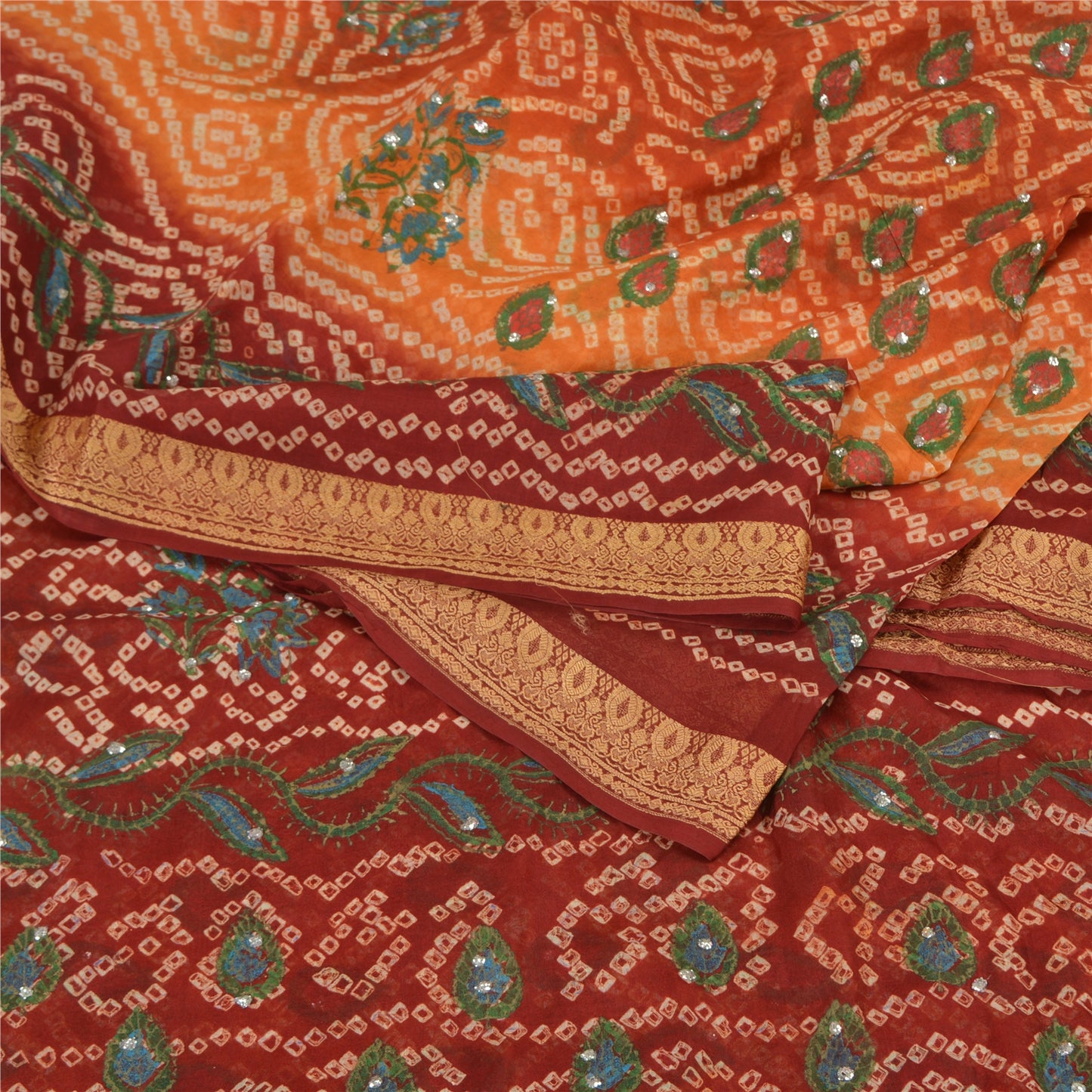 Sanskriti Vintage Saffron/Red Sarees Pure Silk Handmade Bandhani Sari Sustainable Fabric