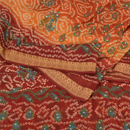 Sanskriti Vintage Saffron/Red Sarees Pure Silk Handmade Bandhani Sari Sustainable Fabric