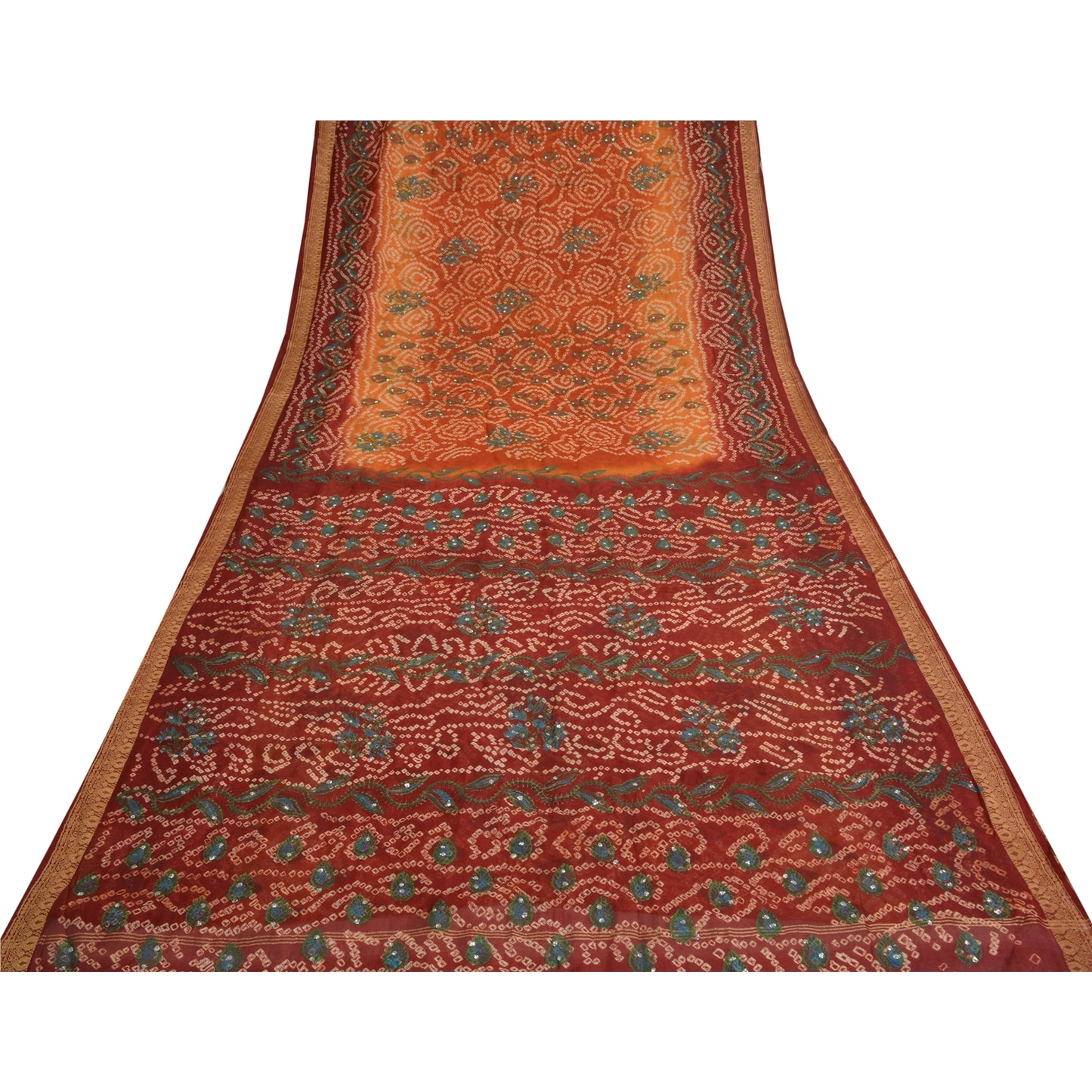 Sanskriti Vintage Saffron/Red Sarees Pure Silk Handmade Bandhani Sari Sustainable Fabric