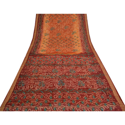 Sanskriti Vintage Saffron/Red Sarees Pure Silk Handmade Bandhani Sari Sustainable Fabric