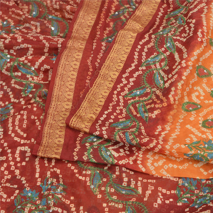 Sanskriti Vintage Saffron/Red Sarees Pure Silk Handmade Bandhani Sari Sustainable Fabric