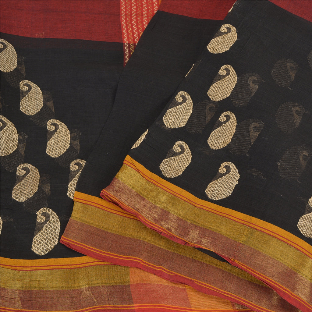 Sanskriti Vintage Sari 100% Pure Cotton Black/Dark Red Unique Sarees Woven 5yd Craft Fabric Create- Upcycled Sarongs, Scarves, or Stoles