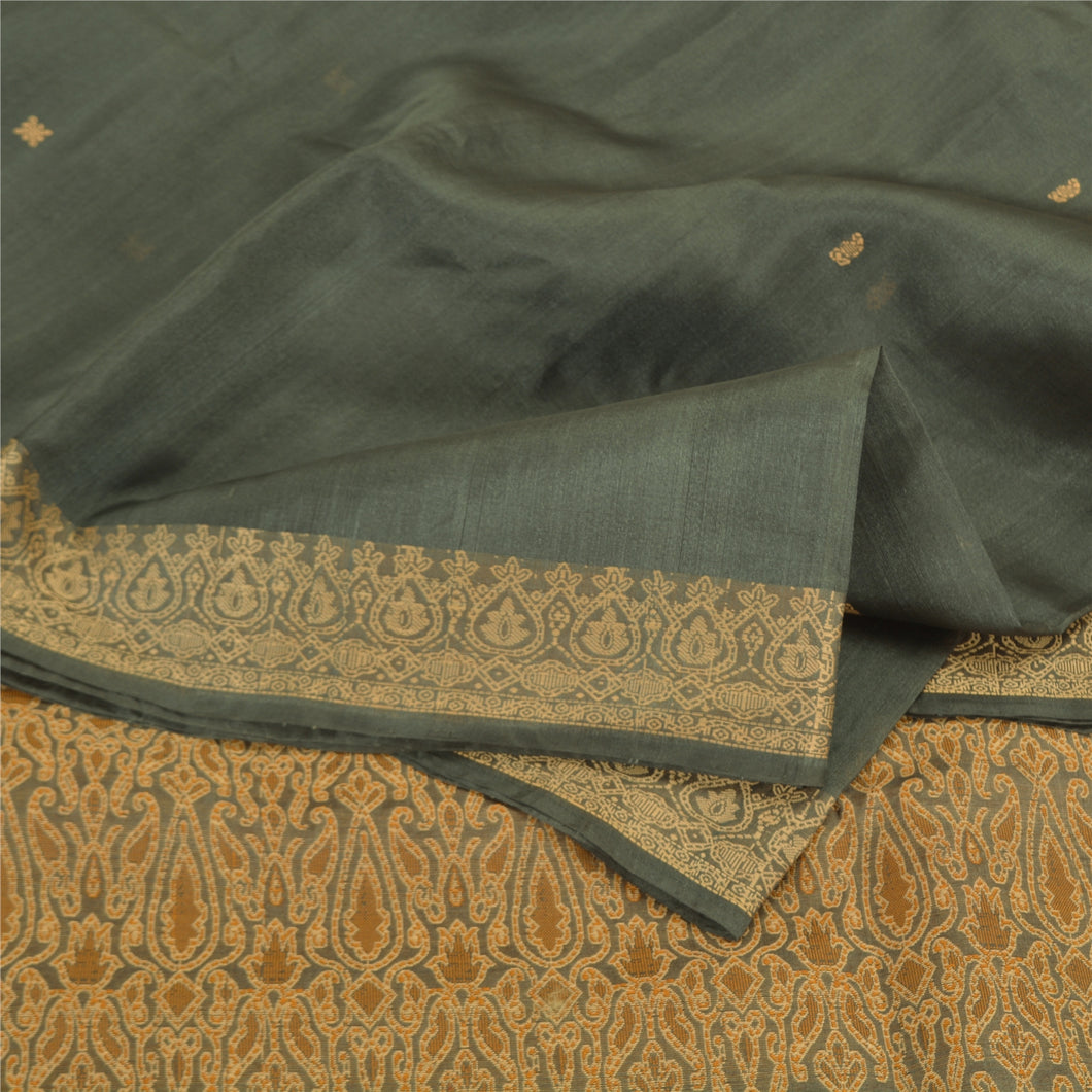 Sanskriti Vintage Grey Indian Sarees Pure Silk Woven Sari Craft 5 Yard Fabric