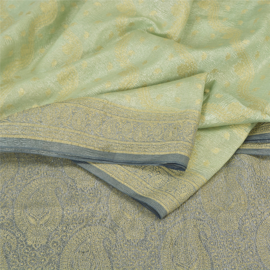 Sanskriti Vintage Blue/Green Sarees Pure Silk Woven Cultural Sari Craft Fabric