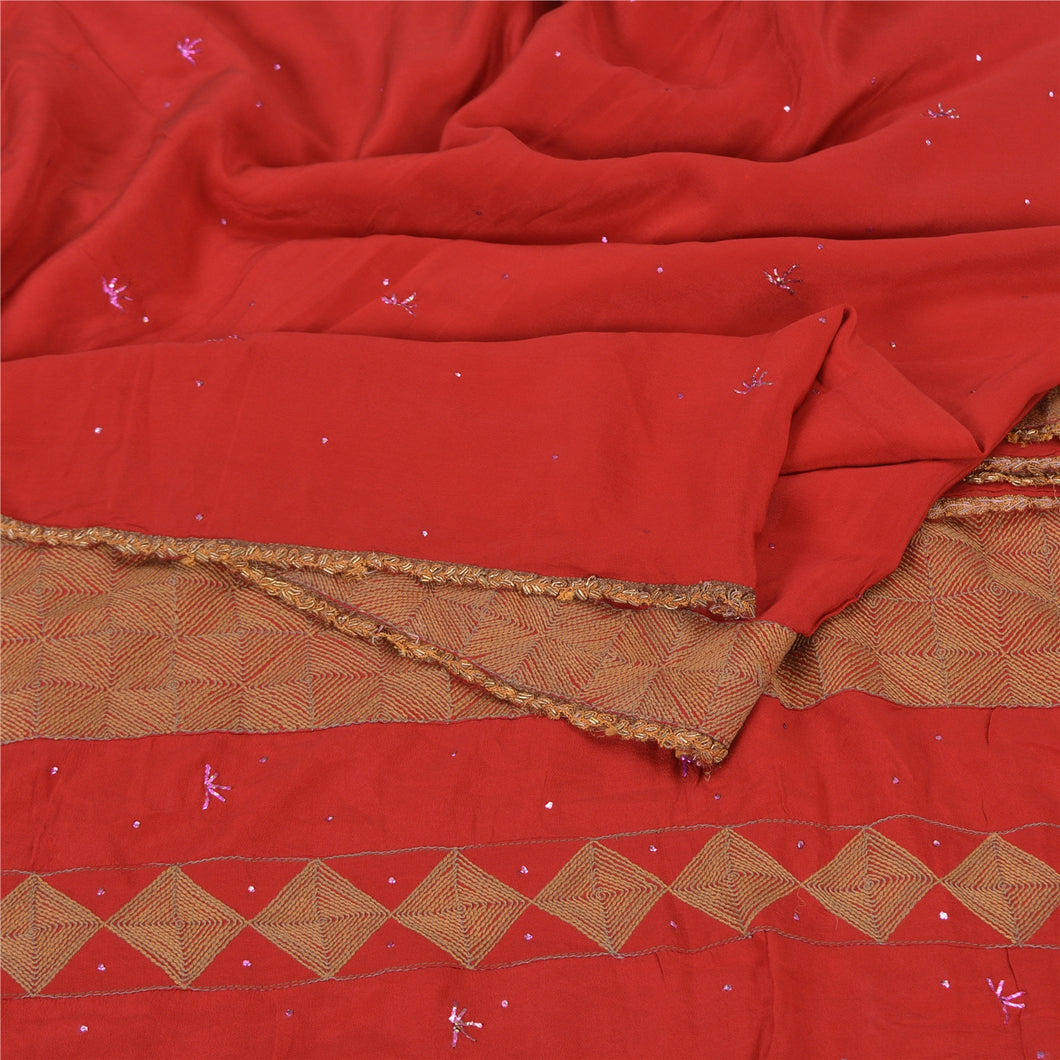 Sanskriti Vintage Red Indian Sarees Pure Crepe Silk Hand Embroidered Sari Fabric