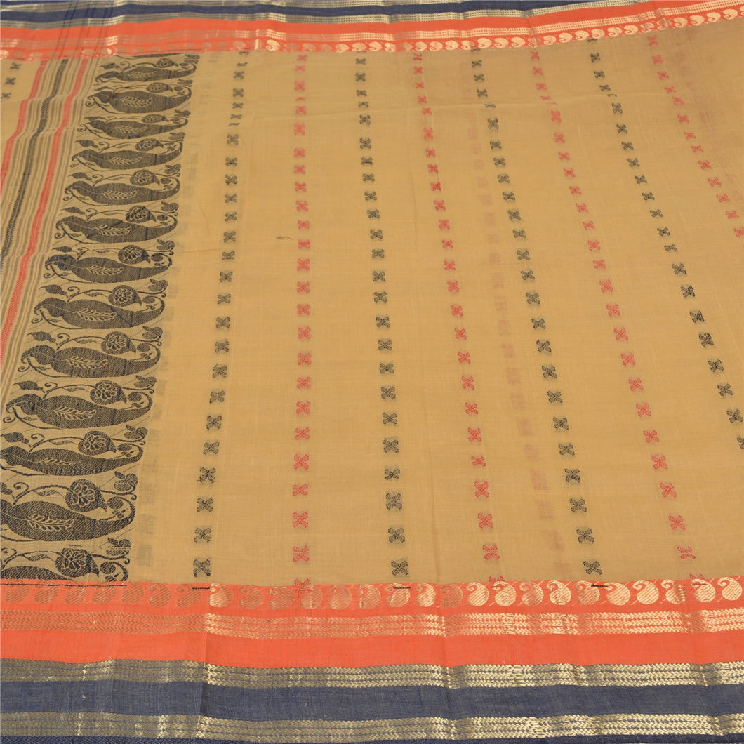 Sanskriti Vintage Beige Indian Sarees Pure Cotton Woven Premium Sari Fabric