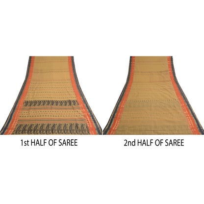 Sanskriti Vintage Beige Indian Sarees Pure Cotton Woven Premium Sari Sustainable Fabric