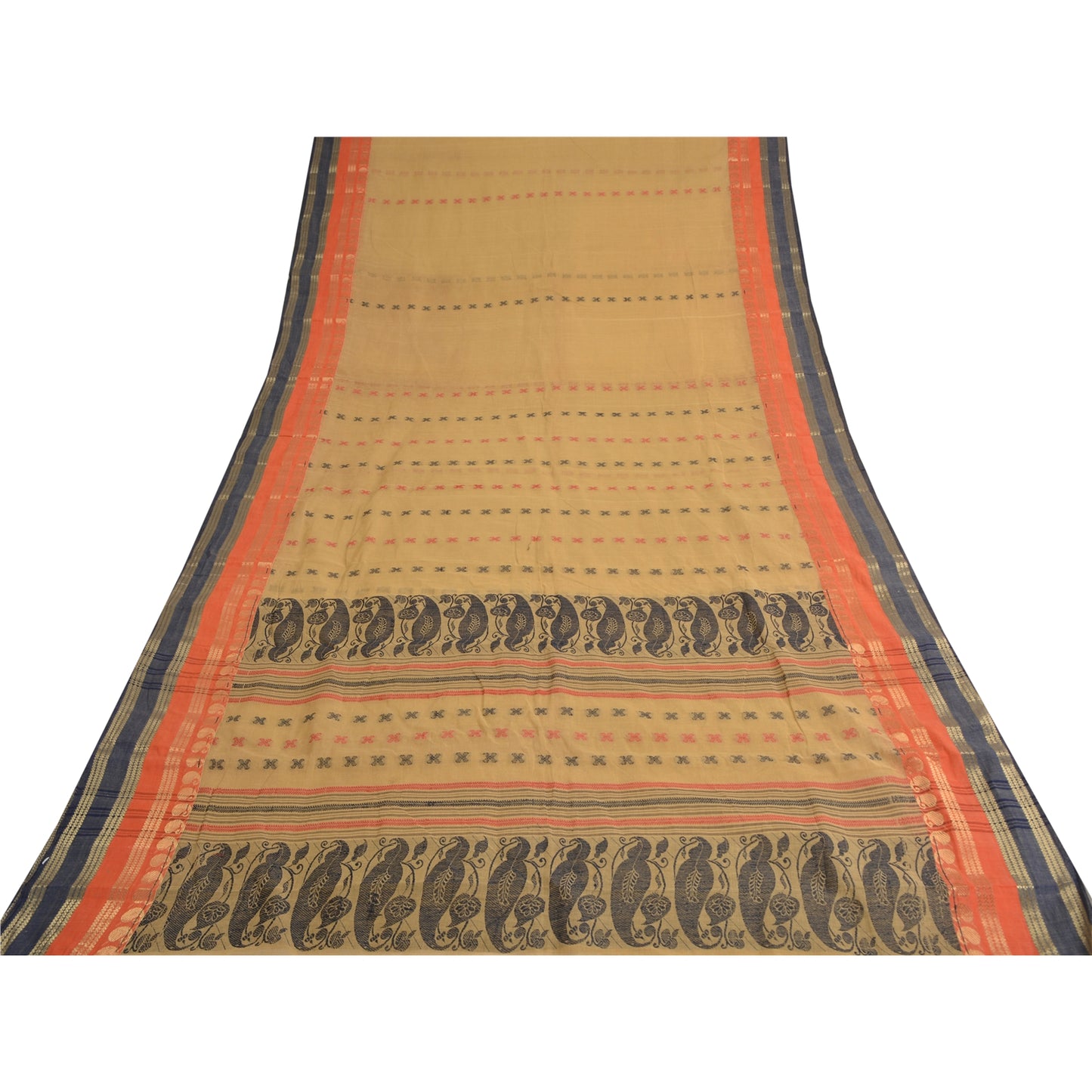 Sanskriti Vintage Beige Indian Sarees Pure Cotton Woven Premium Sari Sustainable Fabric