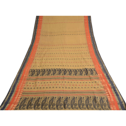 Sanskriti Vintage Beige Indian Sarees Pure Cotton Woven Premium Sari Sustainable Fabric
