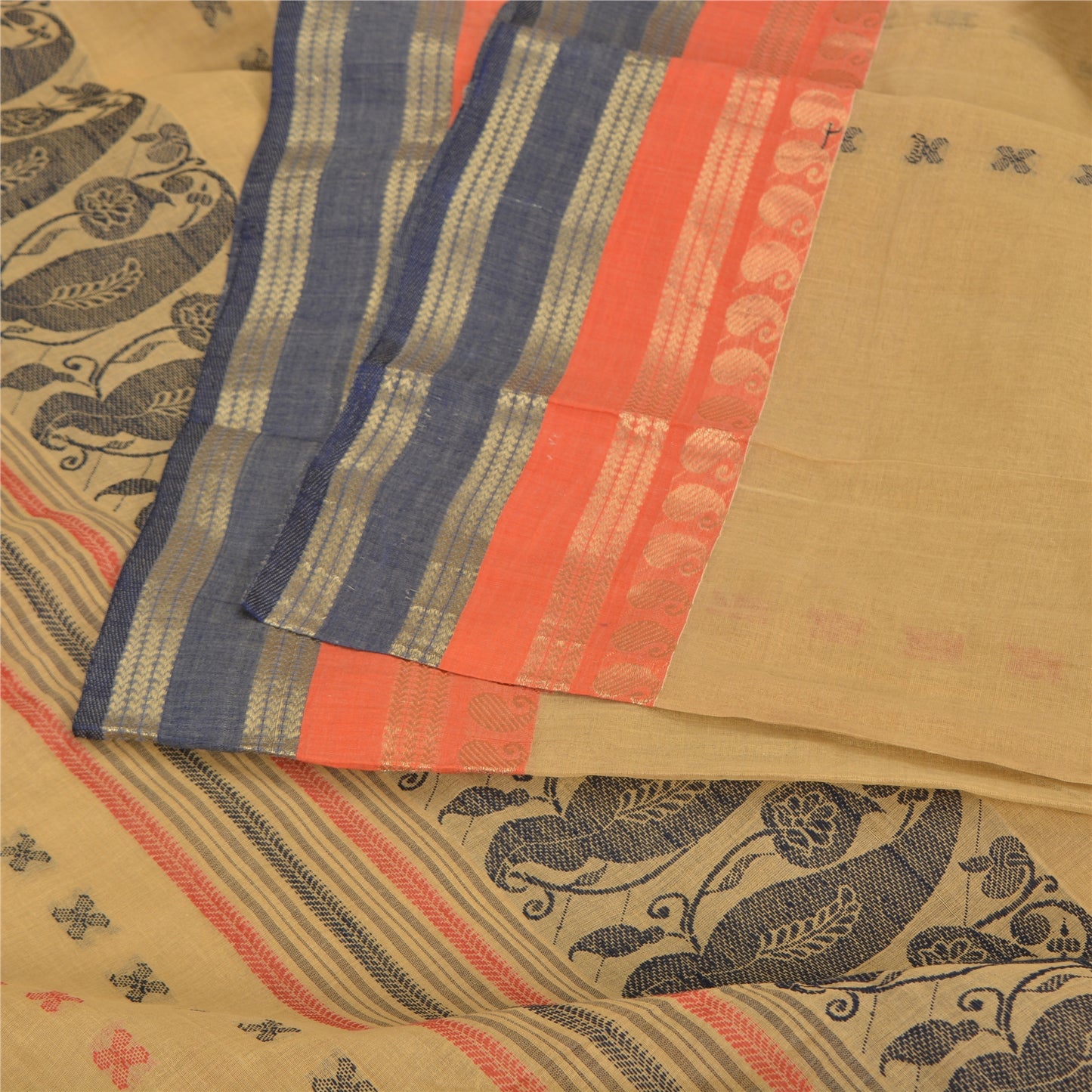 Sanskriti Vintage Beige Indian Sarees Pure Cotton Woven Premium Sari Sustainable Fabric