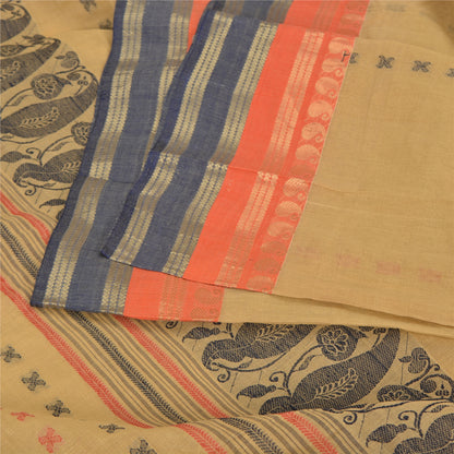 Sanskriti Vintage Beige Indian Sarees Pure Cotton Woven Premium Sari Sustainable Fabric