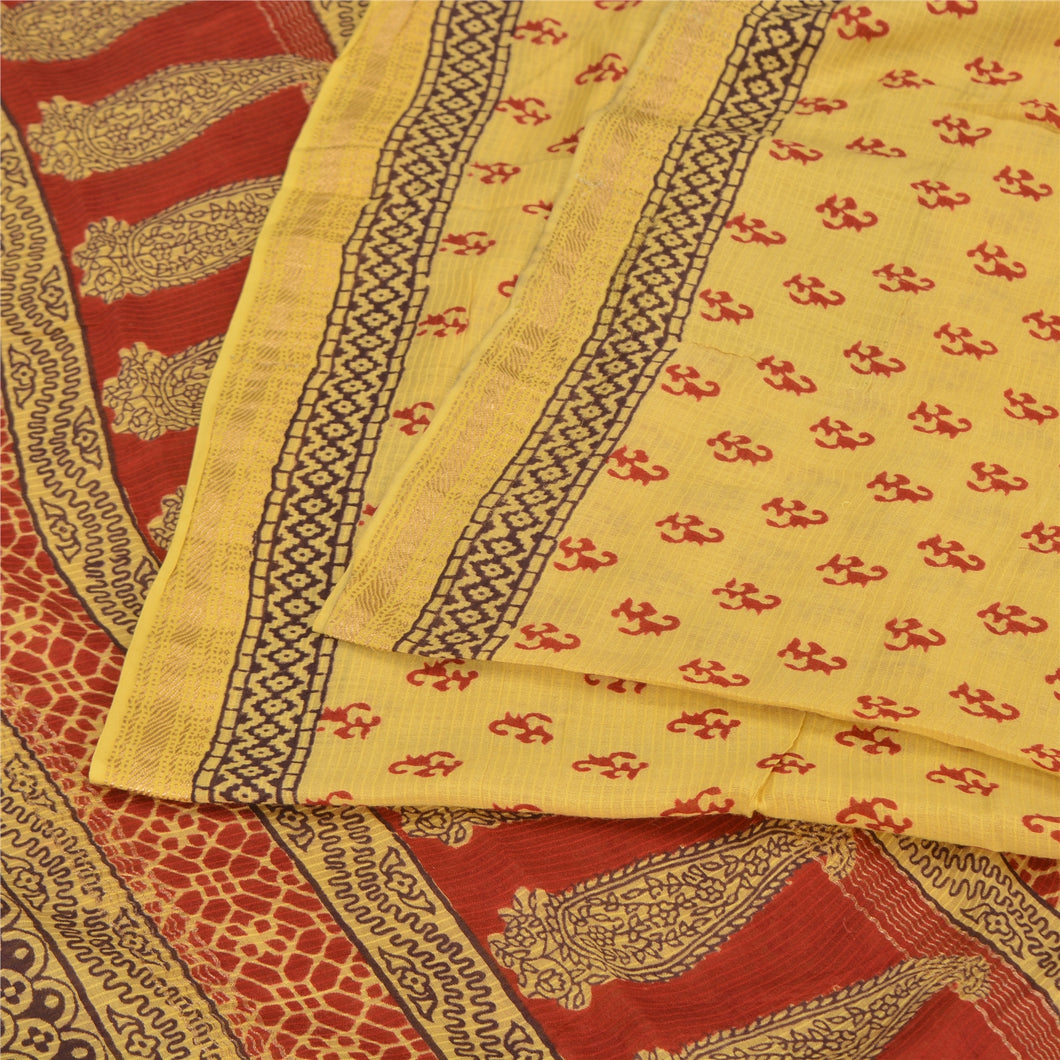 Sanskriti Vintage Yellow/Red Sarees Pure Cotton Hand-Block Printed Sari Fabric