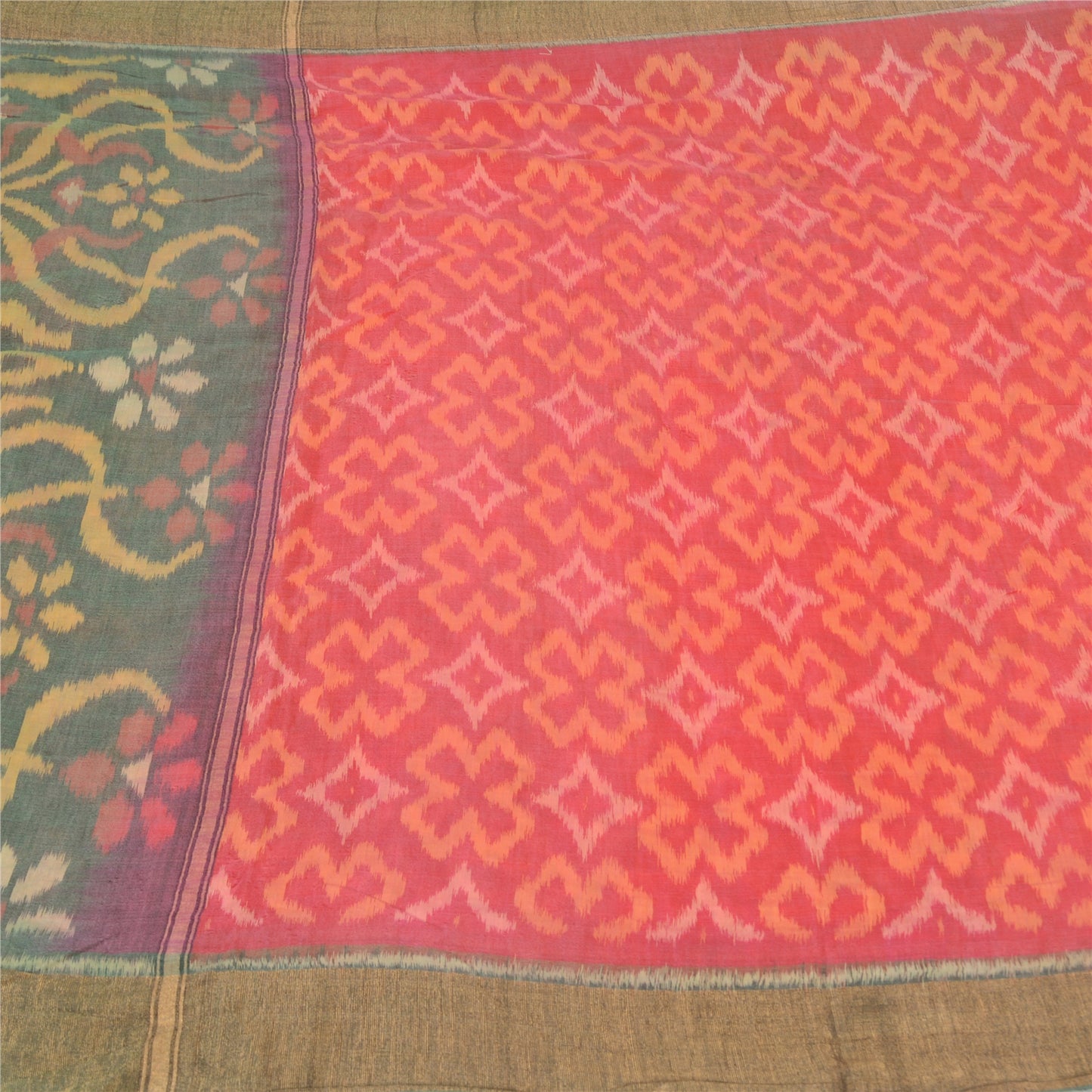 Sanskriti Vintage Red/Grey Indian Sarees Pure Cotton Woven Ikat Sari Sustainable Fabric