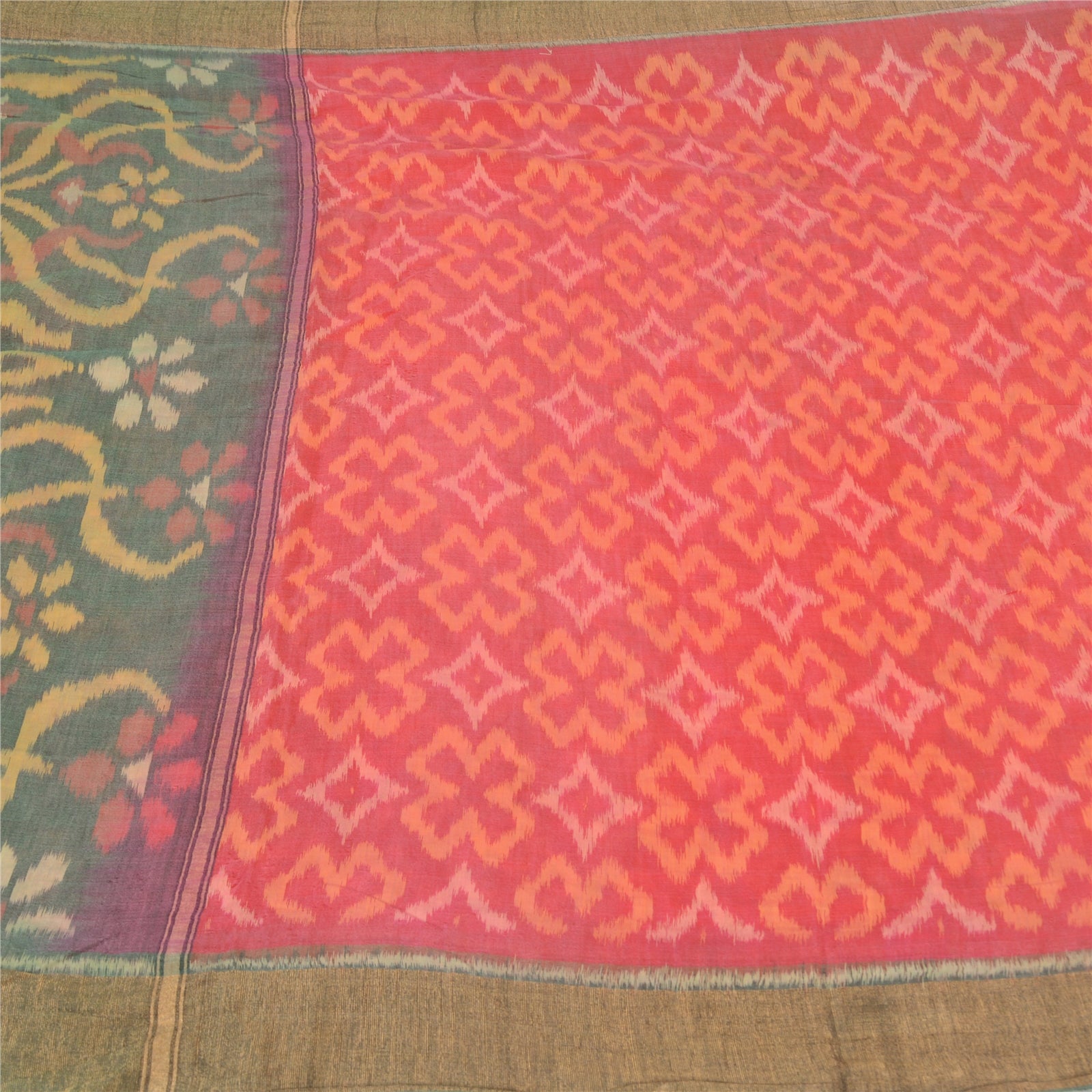 Sanskriti Vintage Saree Red & Grey 100% Pure Cotton 5 Yard Saree Hand Woven Ikat Fabric For Crafters, Upcyclers, Indian Eco-Friendly Sari