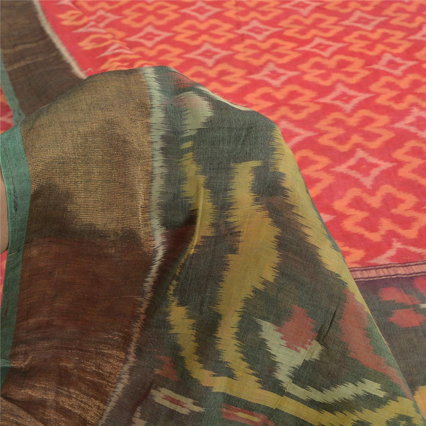 Sanskriti Vintage Red/Grey Indian Sarees Pure Cotton Woven Ikat Sari Sustainable Fabric