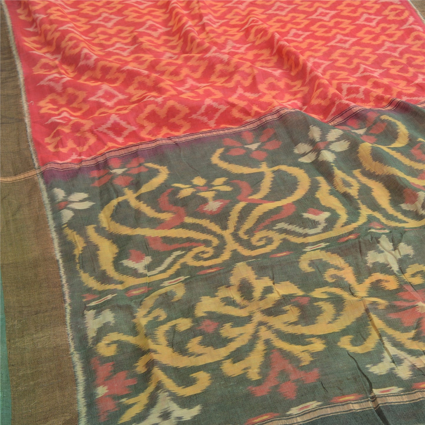 Sanskriti Vintage Red/Grey Indian Sarees Pure Cotton Woven Ikat Sari Sustainable Fabric