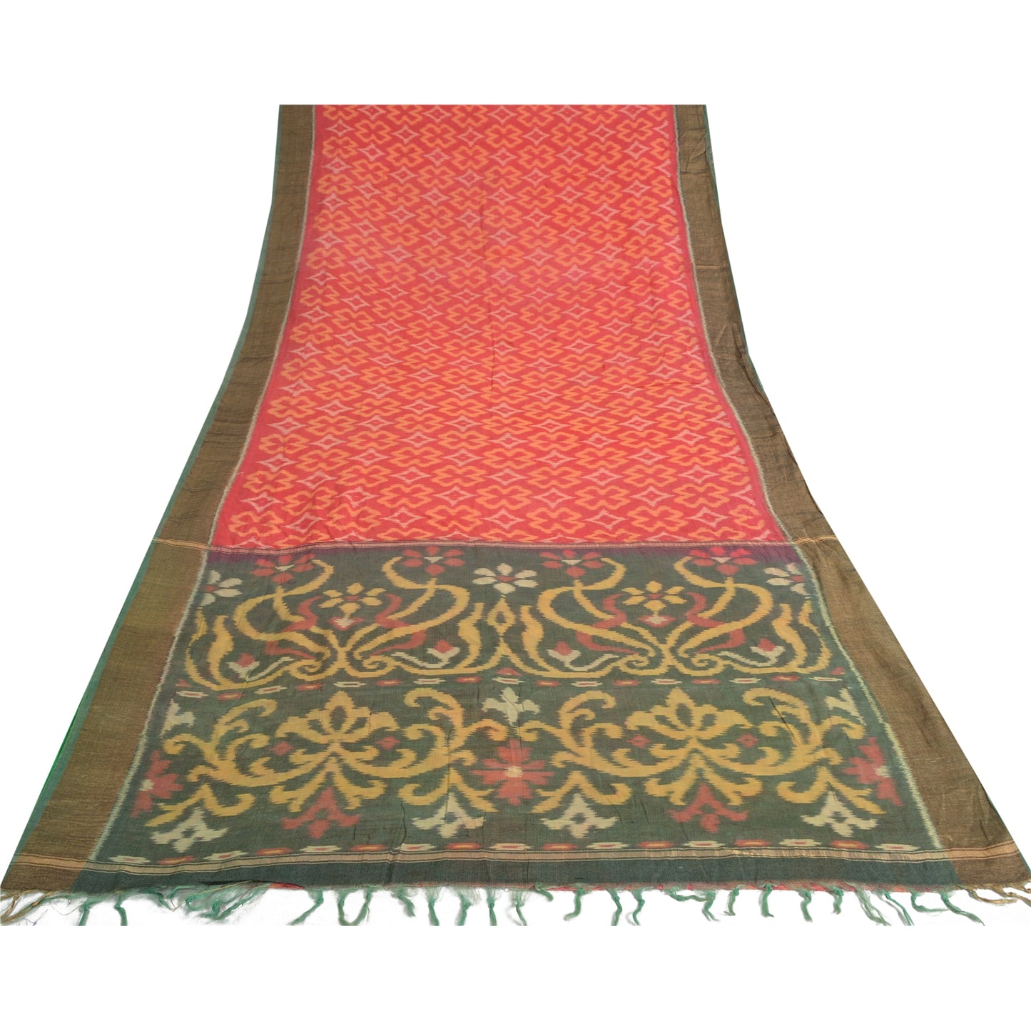 Sanskriti Vintage Red/Grey Indian Sarees Pure Cotton Woven Ikat Sari Sustainable Fabric