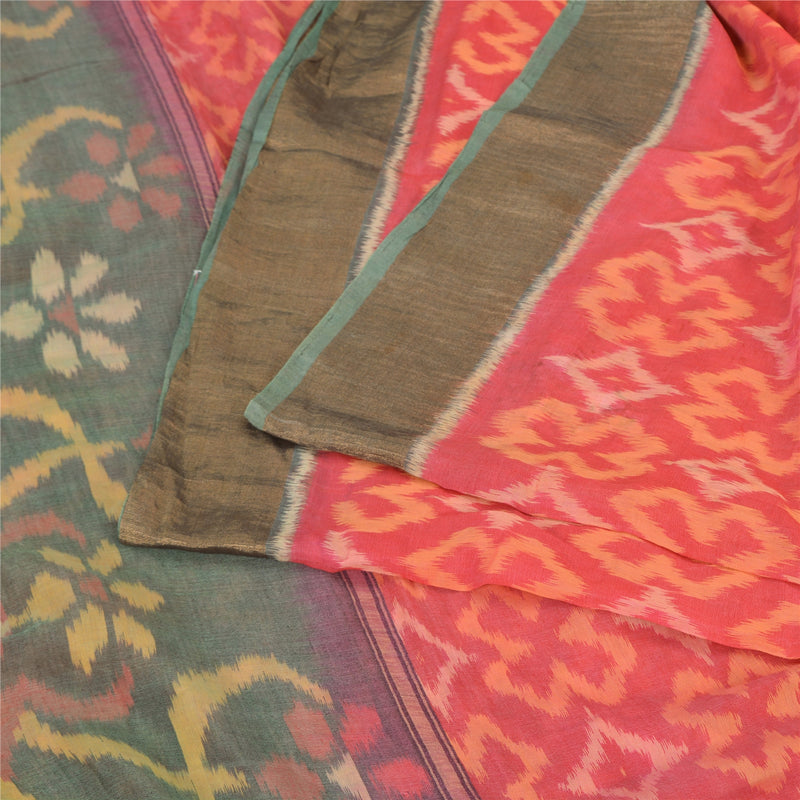 Sanskriti Vintage Saree Red & Grey 100% Pure Cotton 5 Yard Saree Hand Woven Ikat Fabric For Crafters, Upcyclers, Indian Eco-Friendly Sari