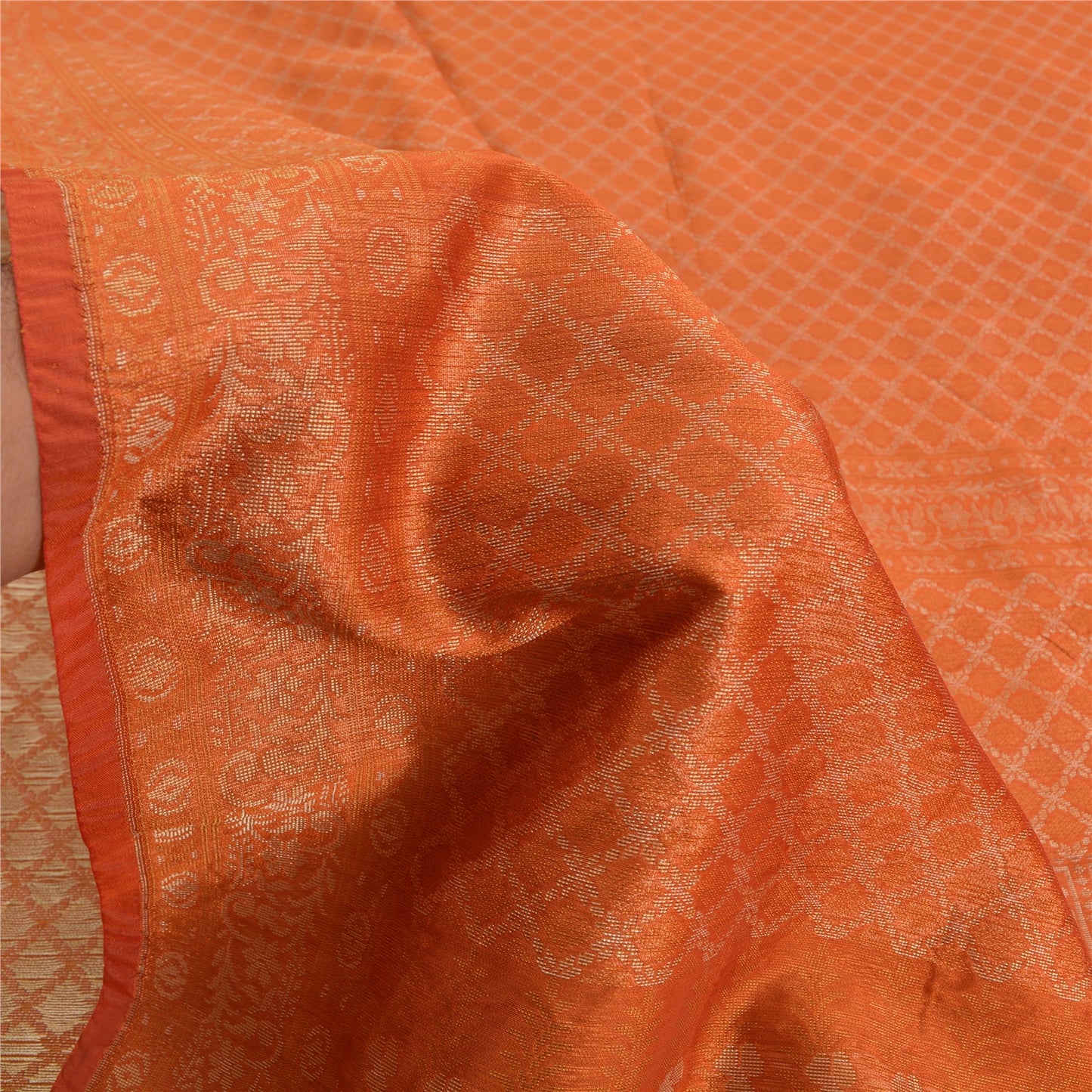 Sanskriti Vintage Orange Indian Sarees Pure Silk Woven Premium Sari Craft Sustainable Fabric