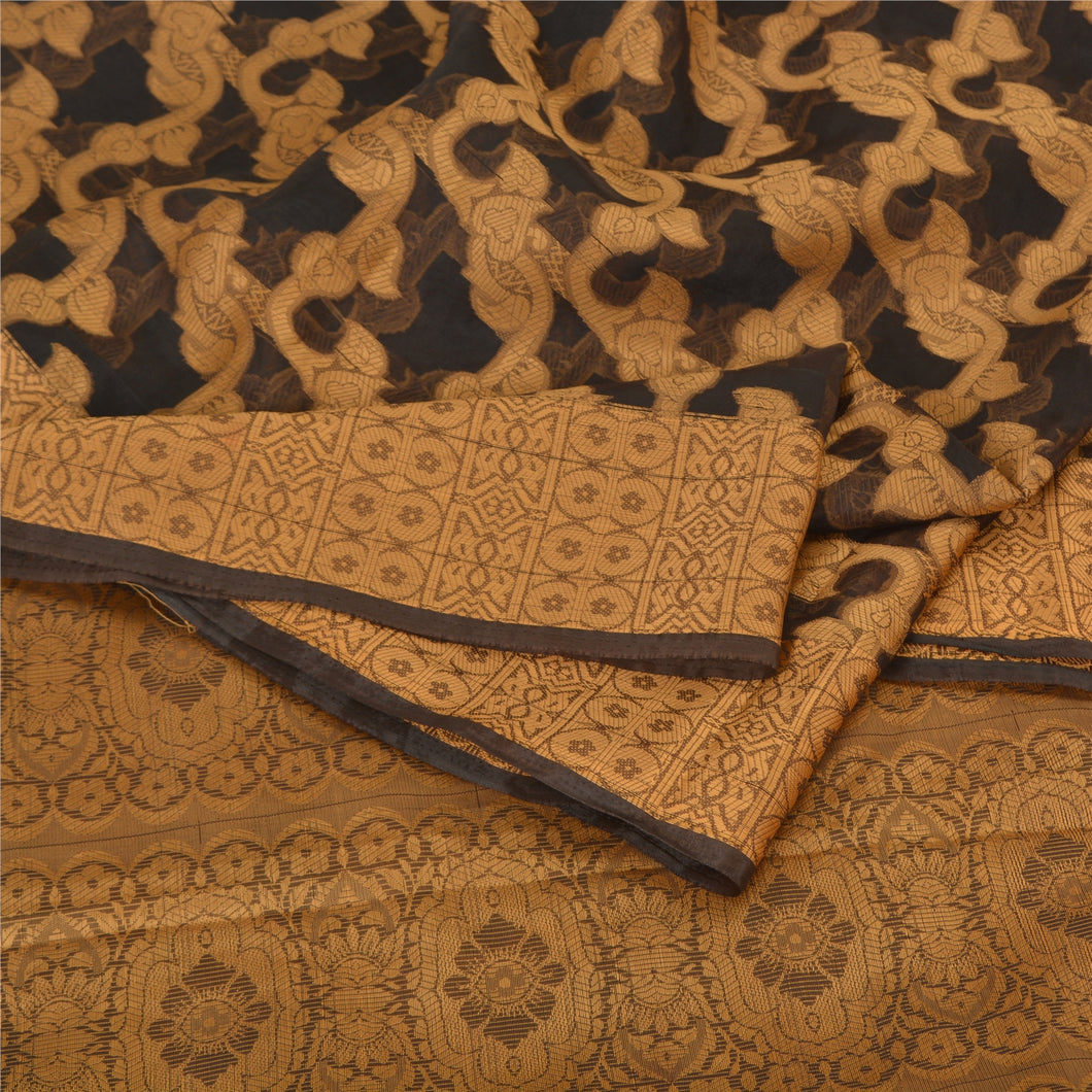 Sanskriti Vintage Black Indian Sarees Pure Organza Silk Woven Sari Craft Fabric