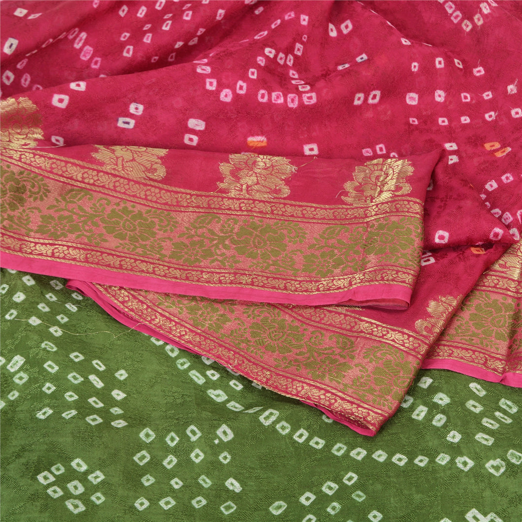 Sanskriti Vintage Green/Pink Sarees Pure Silk Bandhani Woven Premium Sari Fabric