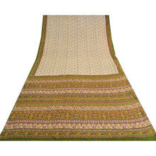 Load image into Gallery viewer, Sanskriti Vintage Cream/Green Indian Sarees Crepe Hand Beaded Kantha Sari Fabric

